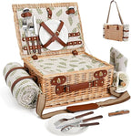 Picnic Basket with Blanket and Wine Pouch for 2, Wicker Picnic Set with Insulated Liner Cooler Bag Hamper for Camping,Wedding - Leaf