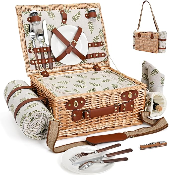 Picnic Basket with Blanket and Wine Pouch for 2, Wicker Picnic Set with Insulated Liner Cooler Bag Hamper for Camping,Wedding - Leaf