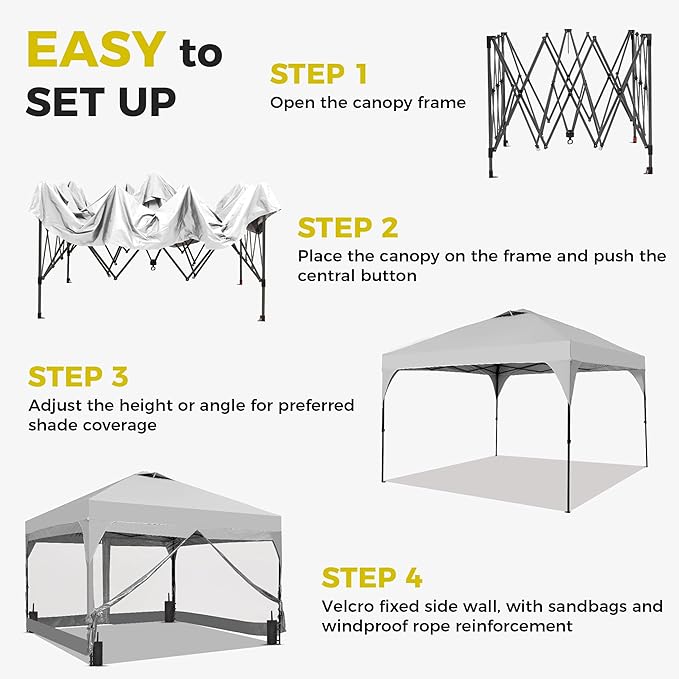 GDY 12x12FT Pop Up Canopy Tent with One Push Setup, Easy Setup Gazebo with 4 PVC Transparent Sidewalls,Includes Wheeled Bag. for Events, Parties, Camping, White.