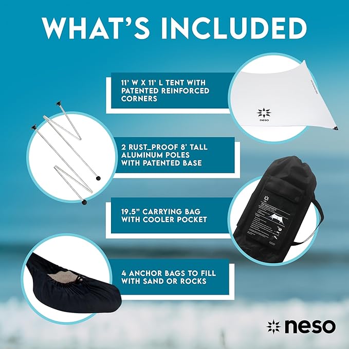 Neso Gigante Portable Beach Tent Sun Shelter - Lightweight Beach Shade Canopy - Easy Setup for Family Outings - Patented Reinforced Corners - UPF 50+ Sun Protection - 8ft Tall, 11 x 11ft - White