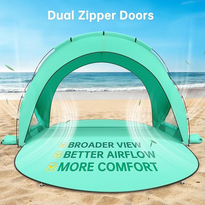Beach Tent Sun Shelter, Sun Shelter for 1-4 Person, Beach Shade Tent, Beaches Shade with 2 Zippered Doors, Portable Tents for Camping Fishing, Green