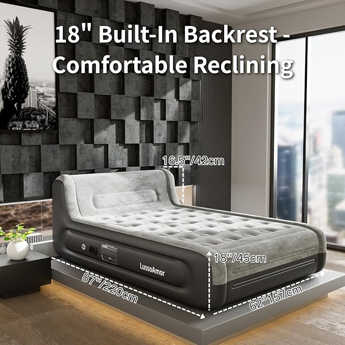 Queen Air Mattress with Headboard – Built-in Rechargeable Pump,18 Inch Inflatable Mattress，Plush Dutch Velvet – Portable Inflatable Bed for Camping, Guests & Home(Grey)