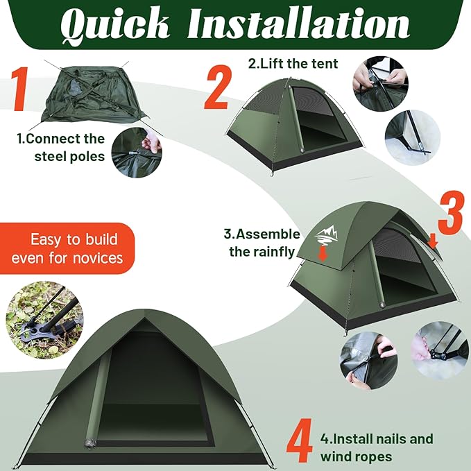 Tents for Camping 2/3/4 Person with Rainfly - Camping Tent Waterproof Windproof Easy Setup, Portable Double Layer Outdoor Dome Tent, Backpacking Tents for Adventure Backyard Hiking