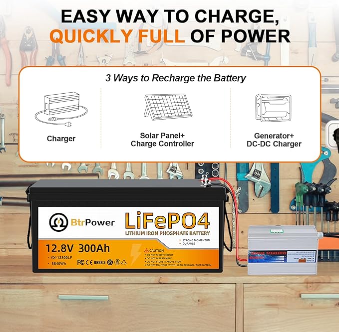 12.8V 300Ah Lithium Battery,3840Wh Deep Cycle LiFePO4 Battery,Max 2580W Power Load,8000+ Cycles,Perfect for Home Storage and Off-Grid,Camping,Solar,Bankup Power etc.