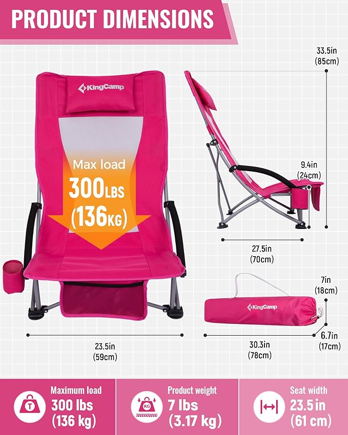 KingCamp Low Beach Chairs, Folding Portable Chair for Adults Lightweight Extra Wide Seat 300lbs Heavy Duty Oversized Backpack, Carry Bag for Camping