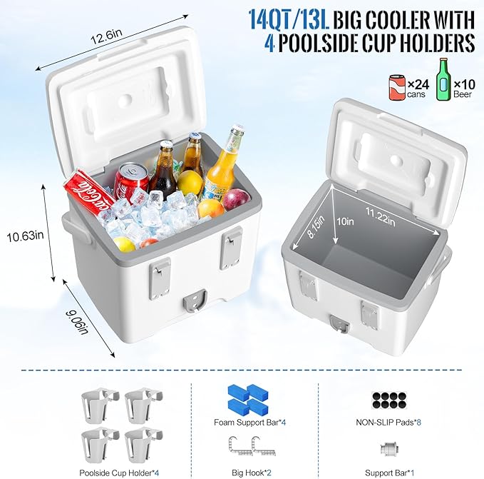 14QT Pool Cooler, with 4 Pool Cup Drink Holders, Insulated Hard Cooler with Handle, Keeps Cold for up to 3 Days, Above Ground Pool Accessories Storage, Portable Poolside Beach Camping