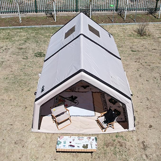 Large Luxury Inflatable Camping Tent Cotton Canvas Tent, Breathable and Waterproof Air Tent with Skylight and Stove Jack Hole for for 4-6-8-10 Person Family Camping