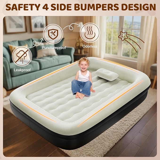 Inflatable Toddler Travel Bed - 64 Inches Portable Toddler Air Mattress with Four Safety Sides - High-Speed Pump and Carry Bag - Comfortable Mattress & Easy to Inflate and Deflate - Black