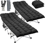 YITAHOME 2 Pcs Camping Cots w/Mattress Portable Lounge Chair Outdoor Folding Cot Heavy Duty 575 LB Capacity 1200D Oxford w/Carry Bag Travel Camp Bed for Camping, Office, Traveling, Black