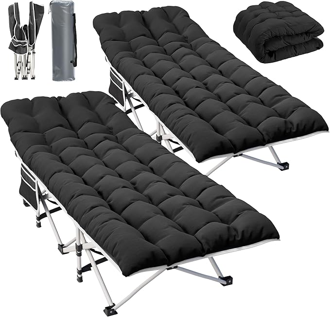YITAHOME 2 Pcs Camping Cots w/Mattress Portable Lounge Chair Outdoor Folding Cot Heavy Duty 575 LB Capacity 1200D Oxford w/Carry Bag Travel Camp Bed for Camping, Office, Traveling, Black