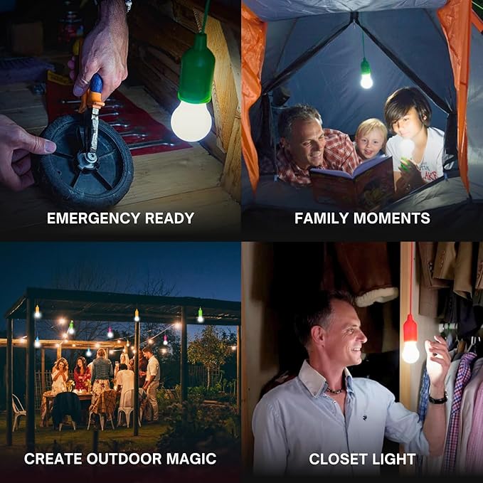 4 Hanging LED Kids Safe Lights for Treehouse, Playhouse, Camping, Indoor/Outdoor, Battery-Operated Lamps with Pull Chain