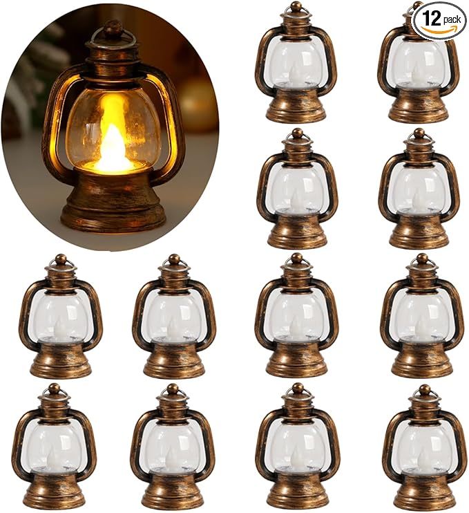 12 Pcs Mini Lanterns Decorative with LED Candle for Western Cowboy Xmas Home Decor Small Hanging Lantern Ornaments Camping Table Centerpiece Vintage Lantern Ornament