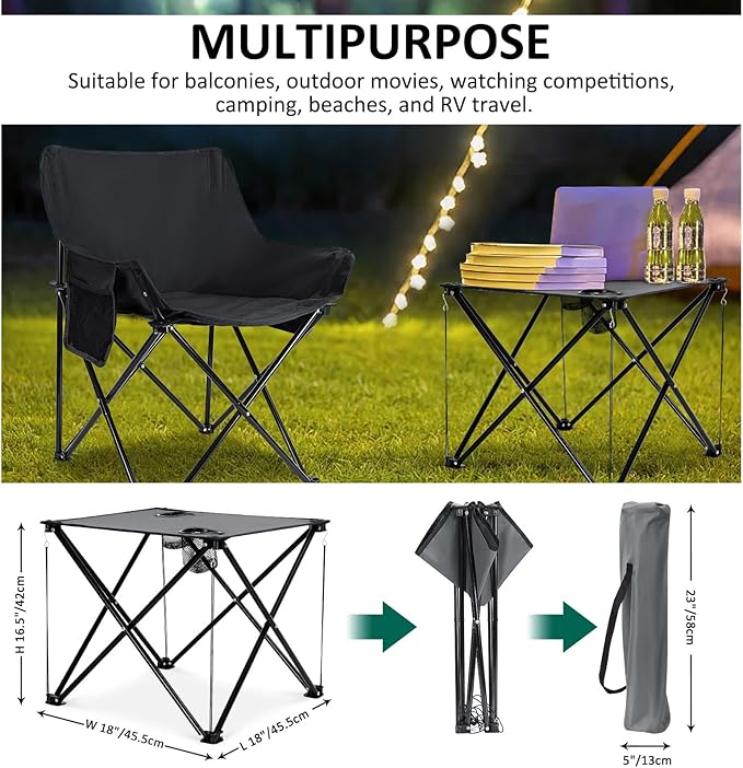 Leonyo 2 Pcs Portable Camping Chairs for Adults, Oversized Lawn Chair with Folding Camping Table for Outdoor Sports, Fishing, Rv Travel, Beach, Picnic – Black