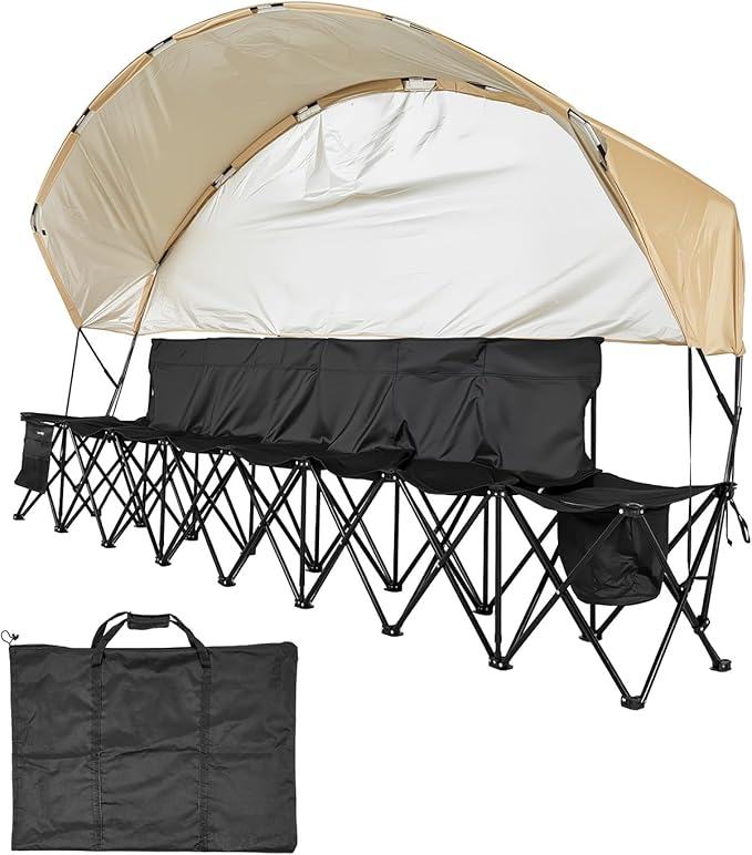 VEVOR Portable Folding Bench, 6 Seat Soccer Bench with Storage Pockets Cup Holders & Carrying Bag, Lightweight Sideline Seating with Sunshade for Football, Baseball, Camping, Outdoor Events, Black