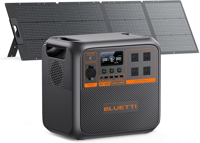 BLUETTI Solar Generator AC180P with 200W Solar Panel Included (Ship Separately), 1440Wh Portable Power Station w/ 2 1800W (2700W Surge) AC Outlets, LFP Emergency Power for Camping, Off-grid, Outage