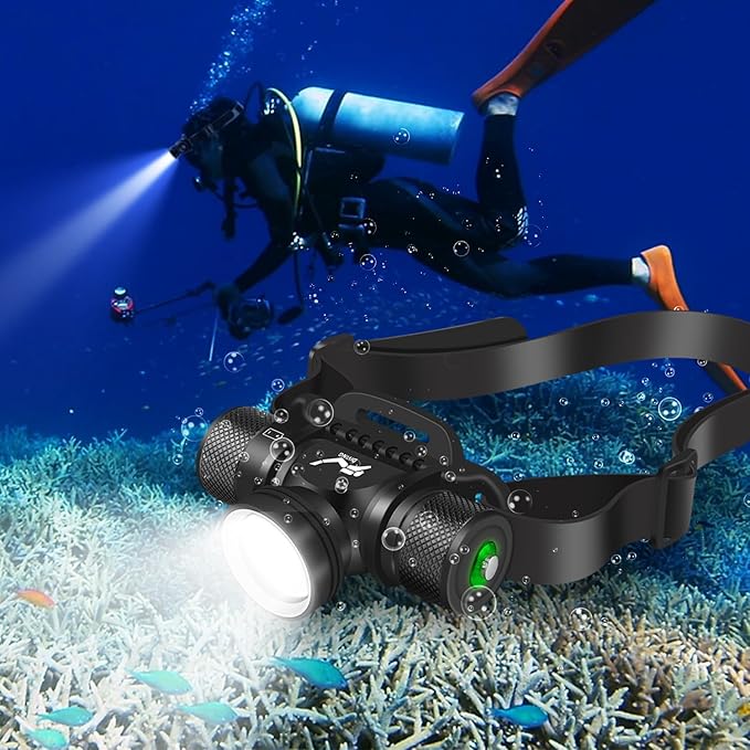 WINDFIRE Scuba Diving Light, Long Range Diving Flashlight Headlamp, 5 Modes Dive Flashlight, Ultra Bright IPX8 Waterproof Underwater 80 Meters Safety Snorkeling Head Light with Power Indicator