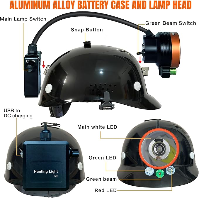 T28 5-Color 3000-Yard Coon Hunting Lights – 2000 lm White/Green/Red/Amber Spot & Green Beam, IPX6 Waterproof Night Hunting Headlamp for Varmint, Hog & Coyote Light (with ABS Black hat)