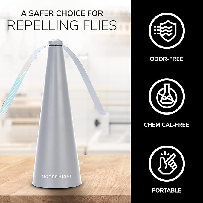 Fly Fans for Tables by Modern Lyfe - AA Battery & USB Powered - Fly Swatter Outdoor Camping Accessory Or for Food at Parties, Restaurants & Picnics, Bug Fan, Spinner Keeps Flies Away (2 Pack - Grey)