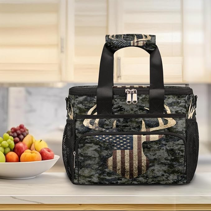 Camouflage Camo Deer American Flag Soft Cooler Bag Insulated Lunch Box for Men & Women, Large Leakproof Lunch Bag Portable Beach Cooler for Work, Picnic, Road Trips,Fishing, Travel, Camping,A-13
