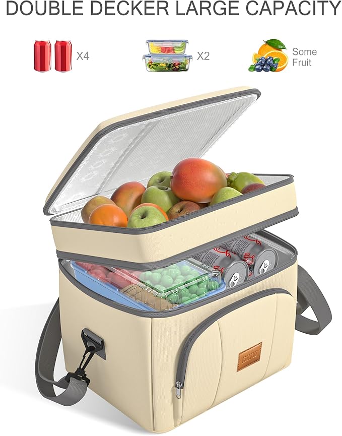 Rnivvi Lunch Box for Women, Double Decker Insulated Cooler Bag Lunch Bag Reusable Leakproof Tote Lunch Container with Strap for Work Family Picnic Hiking Camping, 18 Cans 12L, Large Adults, Beige