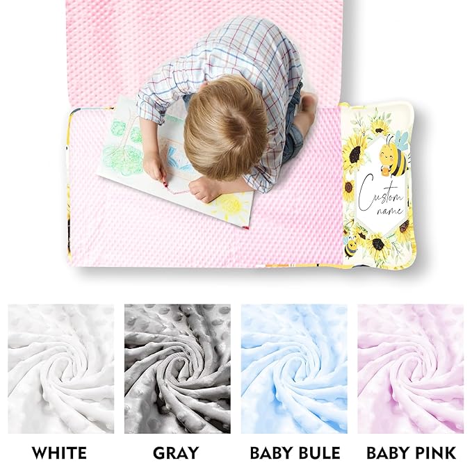 Custom Toddler Nap Mat for Preschool, Personalized Name Kids Sleeping Bag with Yellow Bee Pattern for Daycare, Roll Up Sleeping Mat with Removable Pillow and Soft Dot Minky Blanke for Girls Camping