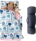 Personalized Toddler Nap Mat for Preschool, Custom Name Kids Sleeping Bag for Daycare, Kindergarten Roll Up Sleeping Mat with Removable Pillow and Soft Blanket, Fun Themes for Boys & Girls