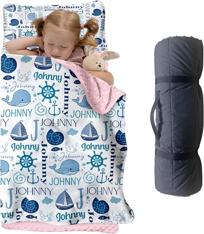 Personalized Toddler Nap Mat for Preschool, Custom Name Kids Sleeping Bag for Daycare, Kindergarten Roll Up Sleeping Mat with Removable Pillow and Soft Blanket, Fun Themes for Boys & Girls