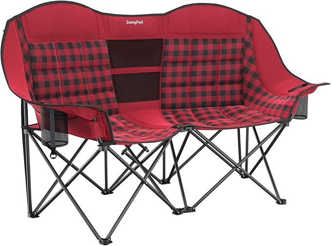 SUNNYFEEL Double Camping Chair Portable Folding Loveseat for 2 Adults Heavy Duty Oversized Camping Couch 600 lbs with Cup Holders & Storage for Outdoor Camping, Beach, Lawn, Patio RV & Indoor Use Red
