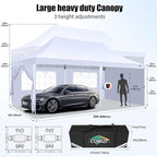 COBIZI 10x20 Pop Up Canopy with 6 Sidewall, Commercial Canopy UPF 50+ Waterproof Outdoor Gazebo with Carry Bag, Tents for Parties with Upgrade Frame, 3 Height Adjustable, White