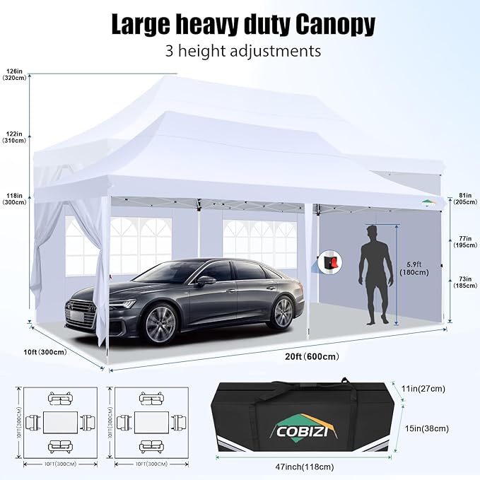 COBIZI 10x20 Pop Up Canopy with 6 Sidewall, Commercial Canopy UPF 50+ Waterproof Outdoor Gazebo with Carry Bag, Tents for Parties with Upgrade Frame, 3 Height Adjustable, White
