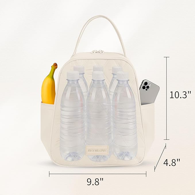 Lunch Bag for Women Insulated,Soft Lunch Cooler with Side Pockets Reusable,Leakproof Lunch Box for Work Picnic Beach Camping,Beige