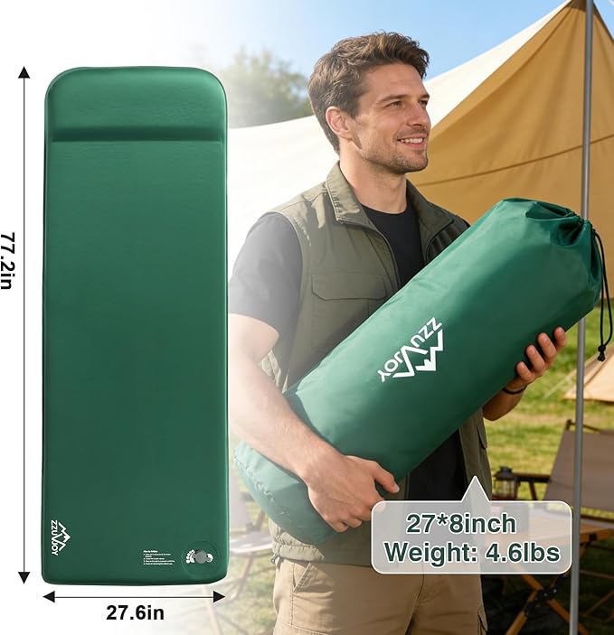 Self-Inflating Sleeping Pad with Foot Pump, 3.1" Thick High-Density Foam Camping Mattress, 4-Season Sleeping Mat with Built-in Pillow & R-Value 9.5, Camping Essentials for Tent Travel Car
