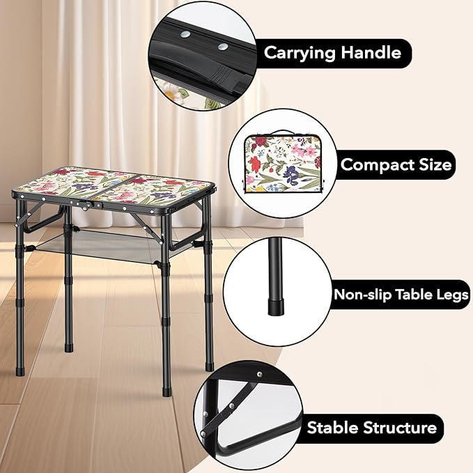 Small Camping Table, Vintage French Flowers Pattern Folding Table, Adjustable Height, Lightweight & Portable Outdoor Picnic Table with Carry Handle for Patio, Living Room, Travel
