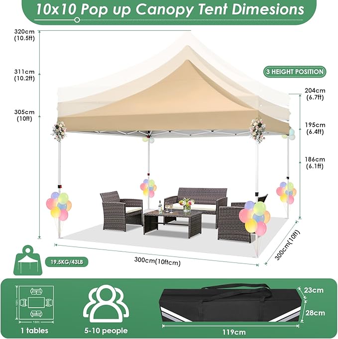 COBIZI Canopy 10x10 Pop Up Canopy Tent with 3 Sidewalls, Commercial Party Tent Ez Waterproof Outdoor Instant Gazebo UV 50+ Event Shelter, Garden Tents for Parties Camping with Sandbags，Khaki