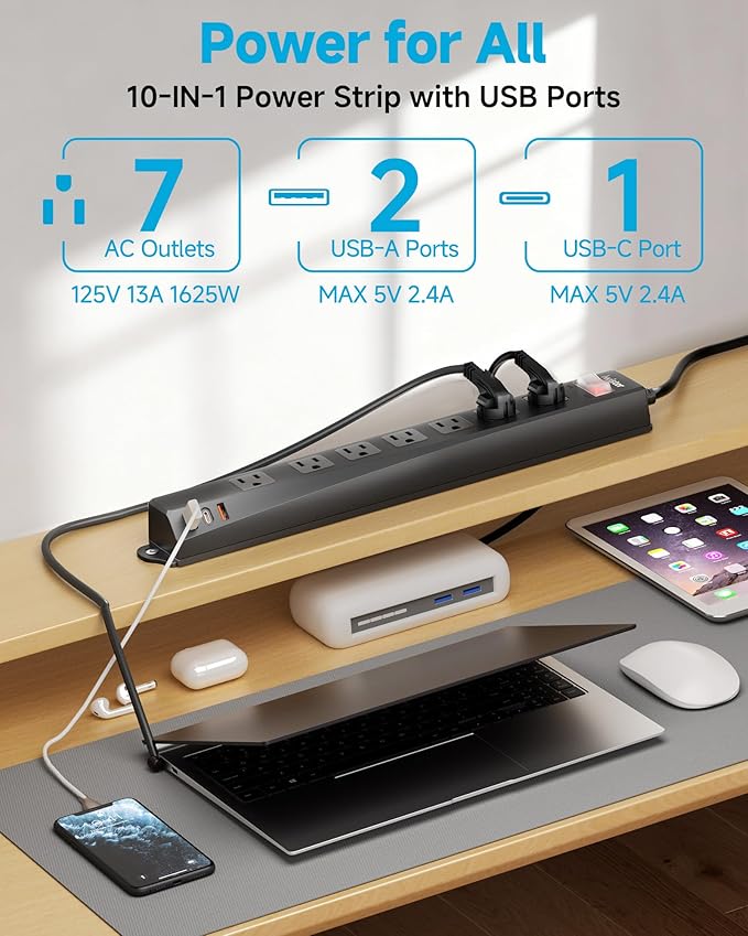 Outdoor Power Strip Weatherproof IPX6,1625W/13A 6 Ft Extension Cord with Multiple Outlets,7 AC & 3 USB, Wall Mount for Camping,Poolside,Garden,Workshop