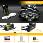 Rechargeable Headlamp, 8 LED 18000lm IPX4, Red Light Flashlight, USB Cable 8 Modes Outdoors Camping Running Fishing Hiking (Yellow Headband)