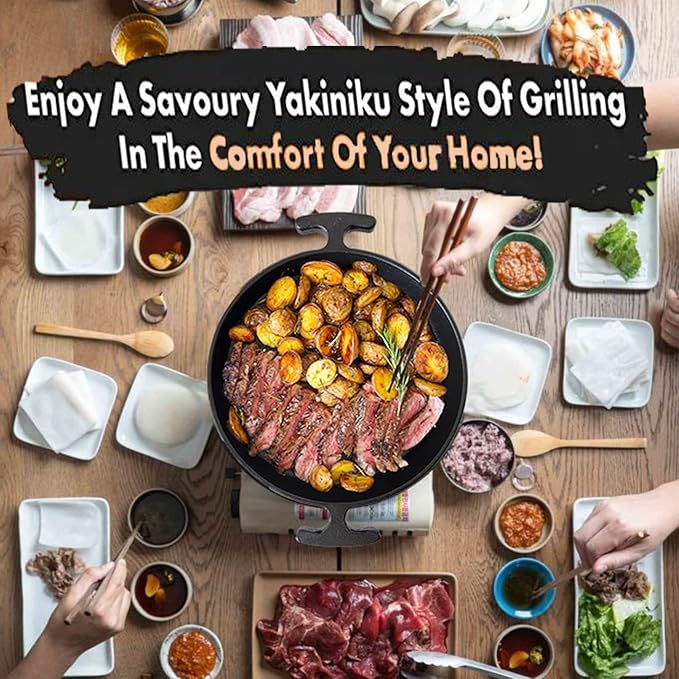 Korean Style BBQ Grill Pan,13" Non-stick Smokeless Circular Grill Pan with Silicone handle,Medical Stone Coated Barbecue Stovetops Frying Pan for Indoor Outdoor Camping baking Pan