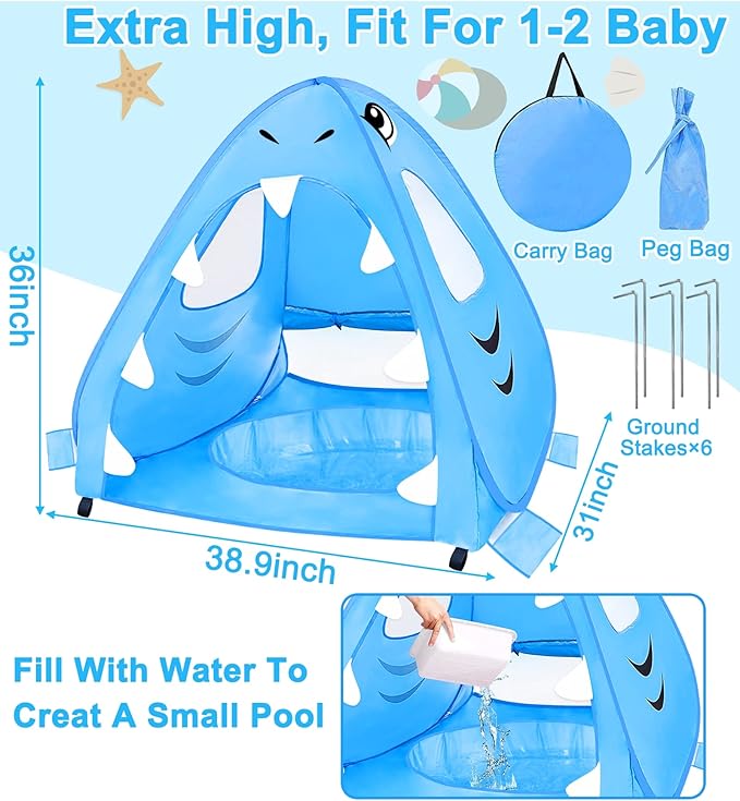 [ Extra High ] Shark Baby Beach Tent with Pool, Pop Up Kiddie Pool Tents Baby Beach Essentials UPF 50+ UV Protection 4 Sand Pockets 3 Mesh Windows Sun Beach Shade Tent for Toddler Aged 3-60 Months