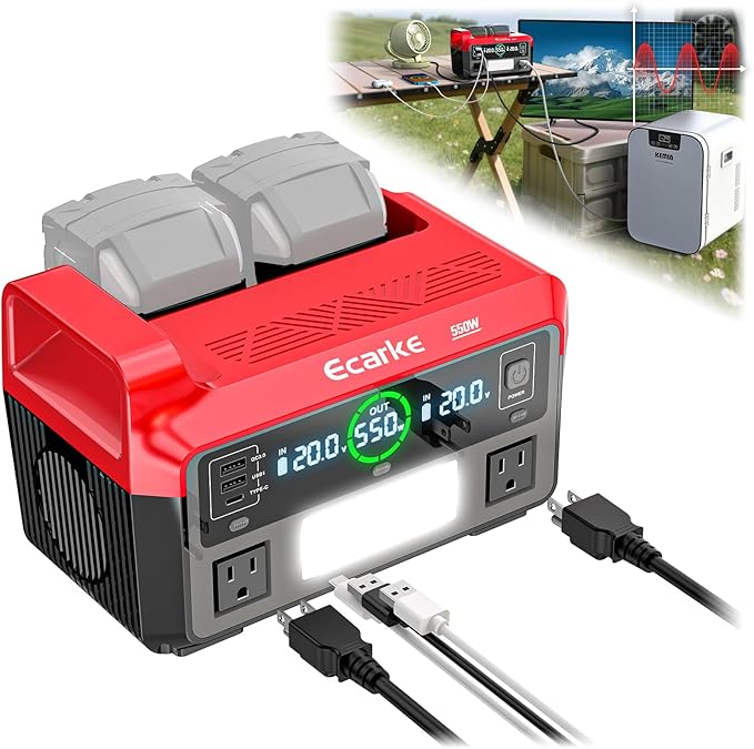 Ecarke 550W Portable Power Inverter Compatible with DeWALT 20V Battery, DC 18V to AC 110V Pure Sine Wave Power Station 2 AC Outlets, 2 USB-A&1 USB-C 20W, 600LM LED Outdoor Emergency Use (No Battery)