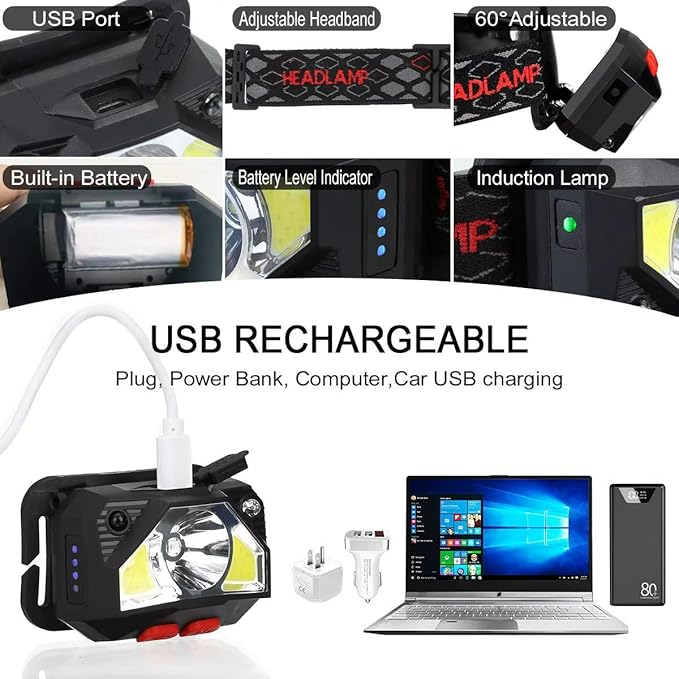 Headlamp Rechargeable, Super Bright Motion Sensor LED Head Lamp Flashlight, 8 Modes for Camping & Hiking Gear Essentials, IP65 Waterproof Headlight, Red Light for Emergency Safety, USB Cable Included