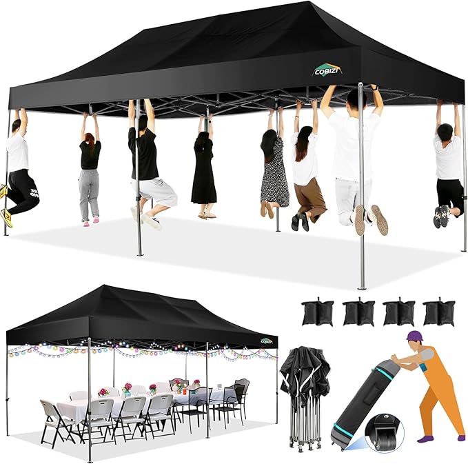 COBIZI 10x20 Heavy Duty Pop up Canopy Tent Without Sidewall Easy Up Commercial Outdoor Canopy Wedding Party Tents for Parties All Season Wind Waterproof Gazebo with Roller Bag, Black(Frame Thickened)