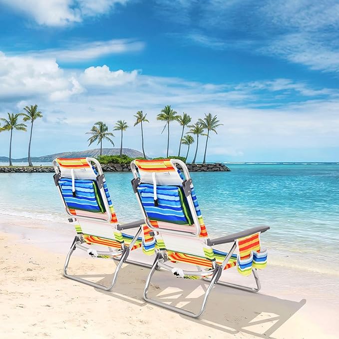 COSTWAY Backpack Beach Chairs, 2-Pack Portable Camping Chairs with Cup Holder, Ice Bag, 5-Position Outdoor Reclining Chairs for Adults, Travel, Sunbathing, Support 300 LBS, Multi Color