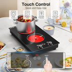 Electric Cooktop, 2 Burner Ceramic Cooktop 2400W 110V, Built-in or Countertop with Touch and Knob Control, 10 Power Levels, Child Lock, Timer, Hot Surface Indicator, Overheat Protection