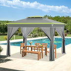 ECOTOUGE 11 FT Pop Up Canopy Tent with Mosquito Nettings, Instant Shelte gazebos on Clearance w/Carrying Roller Bag, Waterproof and UV Resistant Canopy Tent for Grill, Garden and Backyard Grey-Green