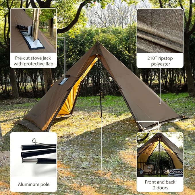 Hot Tent with Stove Jack and Snow Skirt, 6.89~8.53ft Standing Room, 2~5 Person, Tipi Tent for Family Hiking, Fishing, Hunting, Backpacking Camping