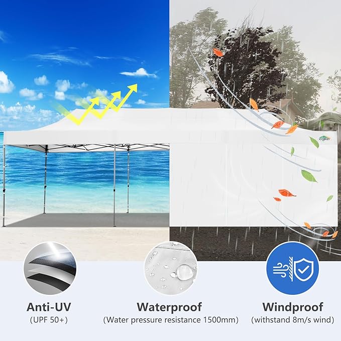 COBIZI 10x30 Heavy Duty Pop up Canopy with 8 sidewalls Party Tent for Parties Weddings Events UPF 50+ Waterproof Commercial Gazebo with Roller Bag, White(Frame Thickened)