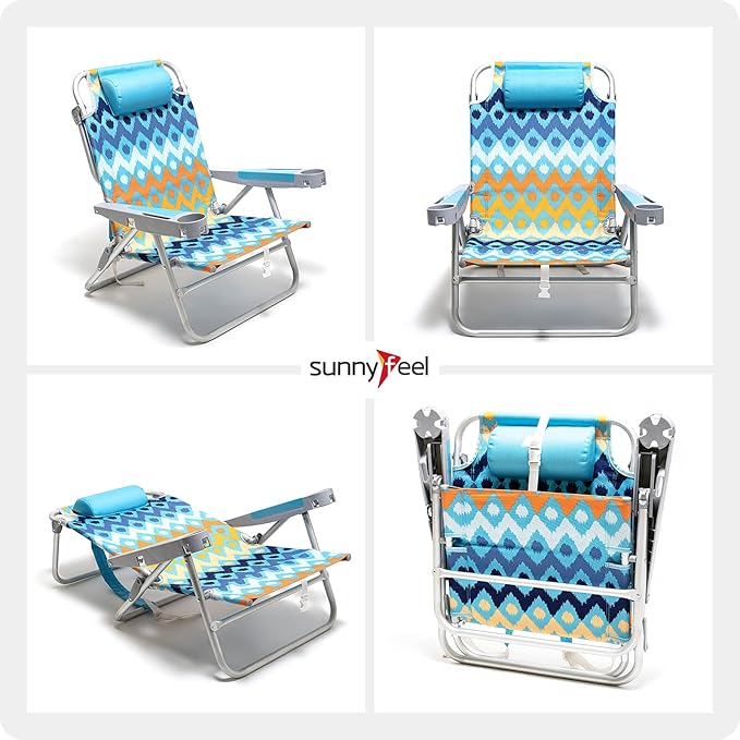 SUNNYFEEL Extra Wide Low Beach Chair 2 Pack 5 Position Lay Flat 500 LBS Heavy Duty, XL Oversized Folding Camping Chairs with Cup Holder for Outdoor/Sand, Portable Backpack Beach Chair for Adults