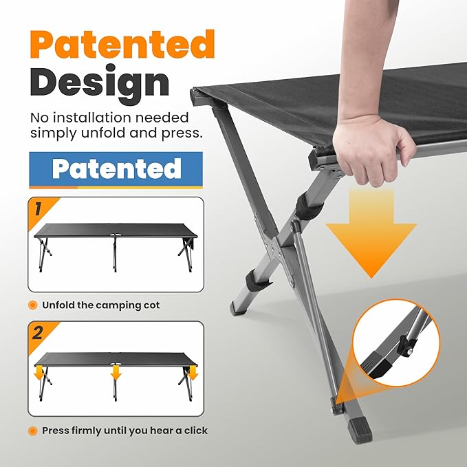 Oversized Camping Cot Foldable for Adults - Upgraded Version Easy-to-Assemble Sleeping Cots for Outdoor, Supports Campers up to 6.9ft or 450lbs, with Storage Bag, 82” L x 32” W (Black)