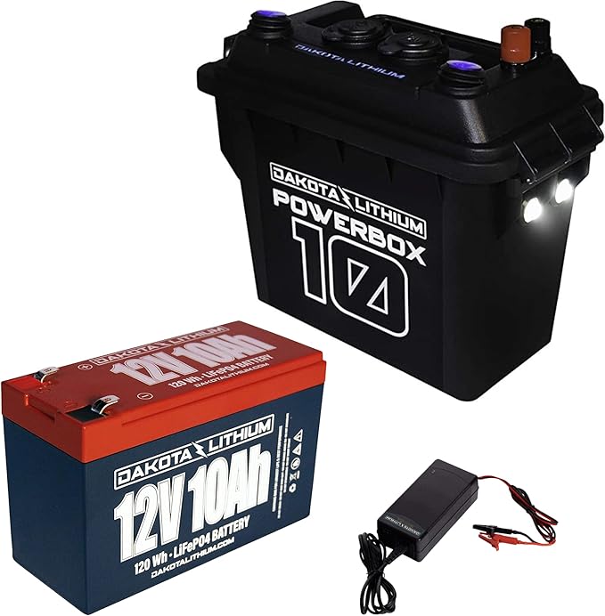 Dakota Lithium - Power Box with 12V 10Ah LiFePO4 Battery Included - 11 Year USA Warranty 2000+ Deep Cycle Battery Box with DC and USB Ports - Water/Shock Resistant - Camping, Off Grid, Marine, Kayak