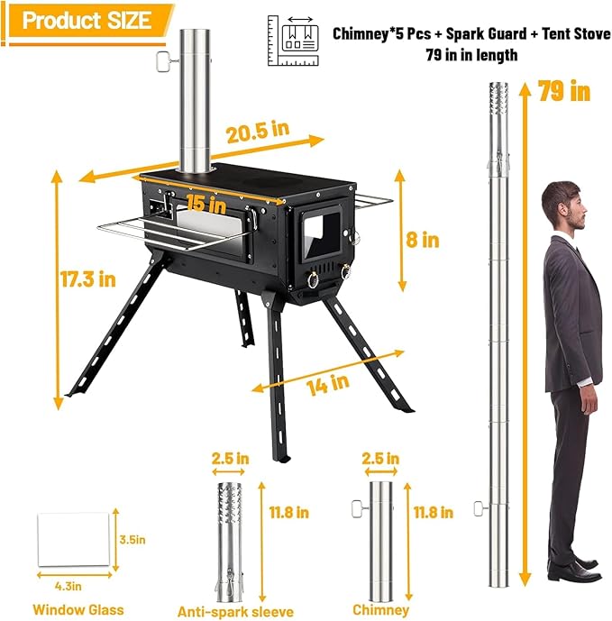 Tent Stove AVOFOREST Wood Stove with Tall Feet,Portable Hot Tent Stove with 6 Stainless Chimney Pipes for Outdoor & Cooking, Ice Fishing, Hunting